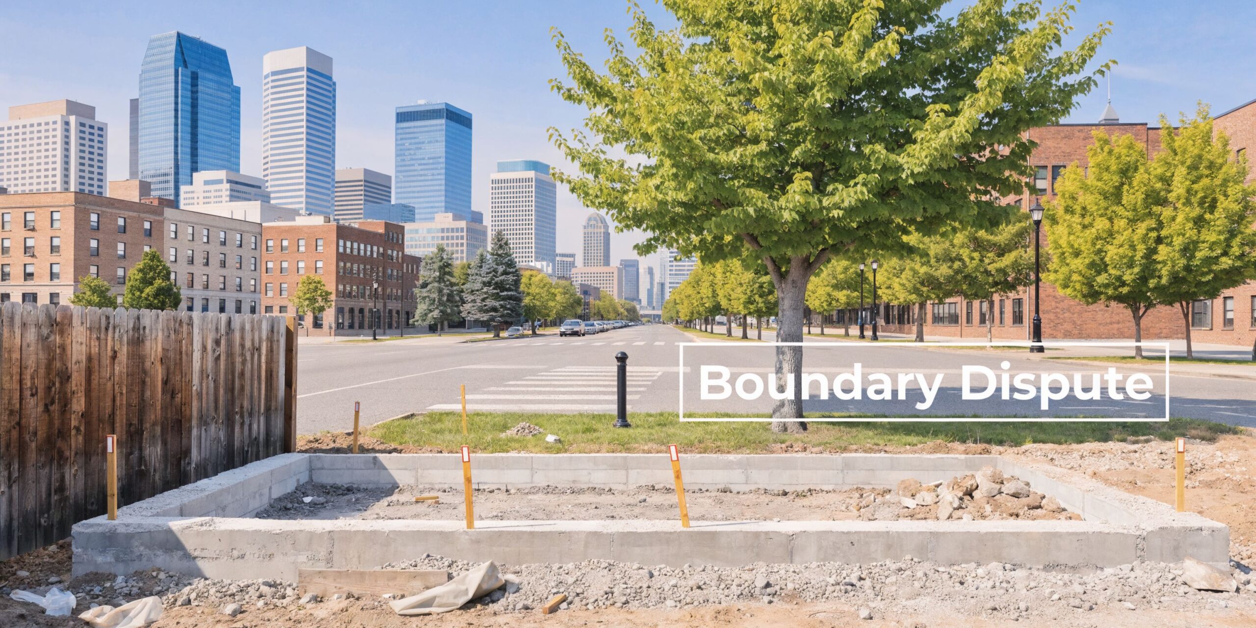 A construction site with a concrete foundation set against a city skyline, representing a real estate legal issue.
