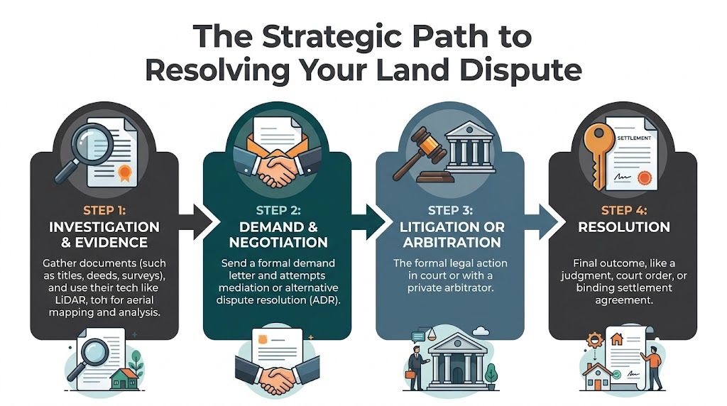 A four-step infographic illustrating the strategic legal process for resolving property and land disputes effectively.