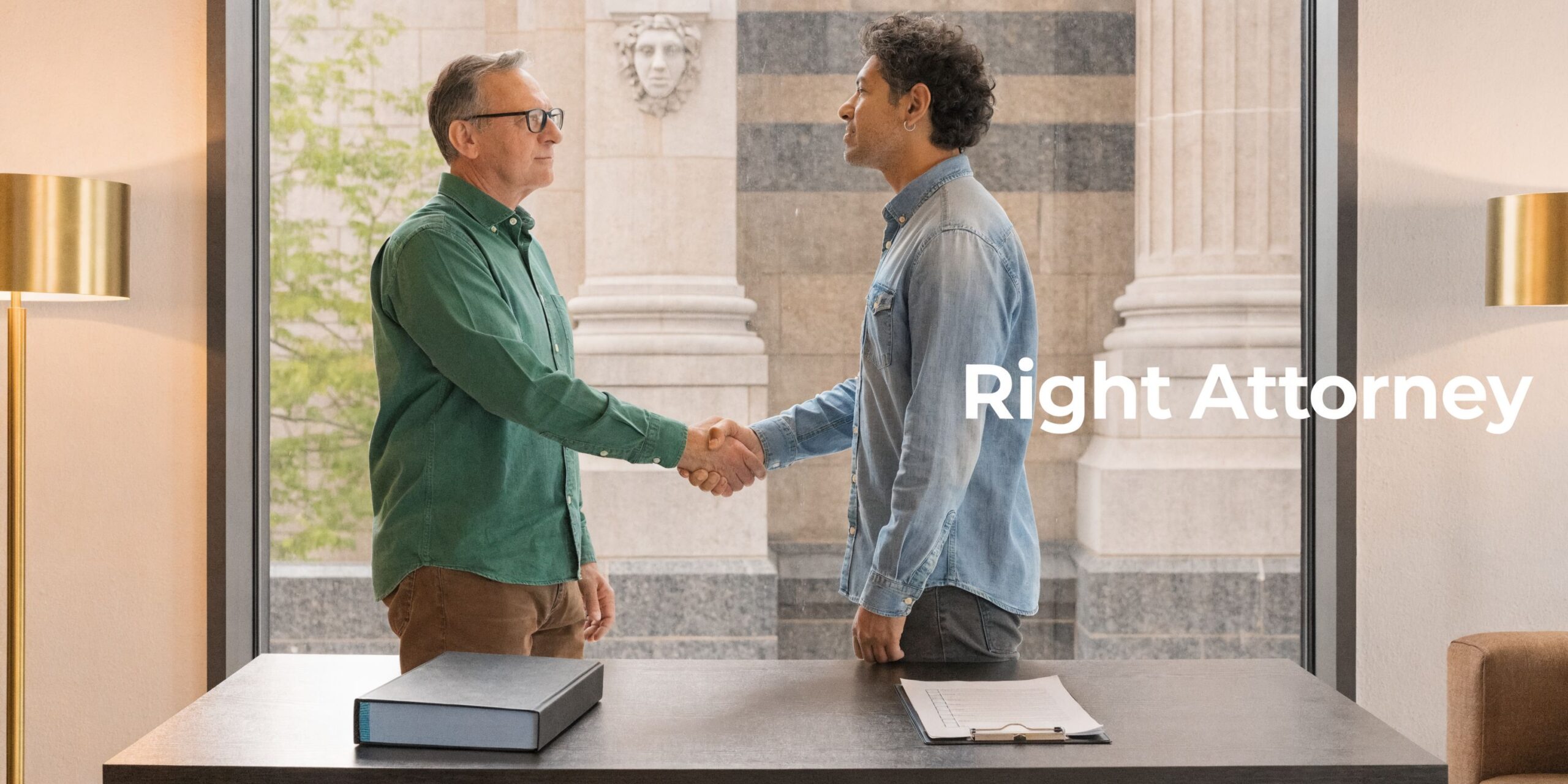 A professional man and an older gentleman shaking hands over a desk to finalize a legal agreement.