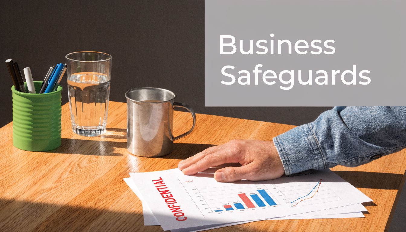 A person's hand resting on a confidential business document featuring a bar graph and a line chart.