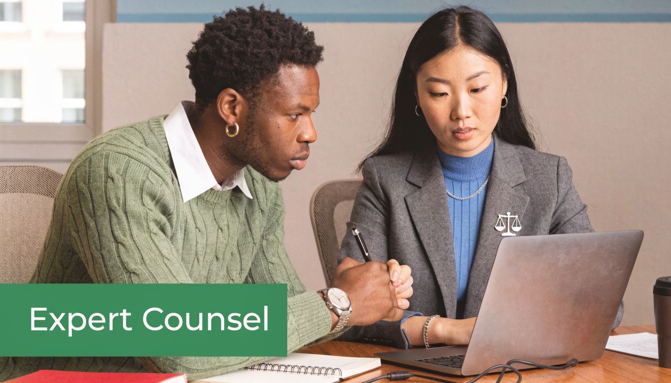 A professional man and woman collaborate on a laptop while discussing a non-solicitation agreement in an office.