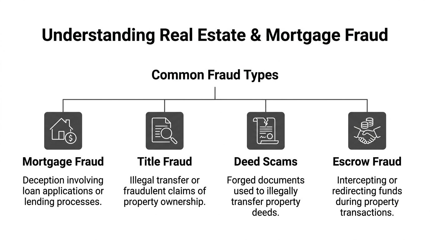 A diagram illustrating common types of real estate and mortgage fraud including title and escrow schemes.
