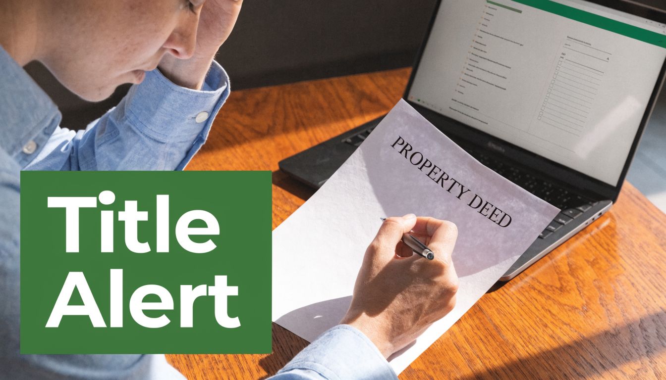 A person looks stressed while reviewing a property deed document next to a laptop computer.