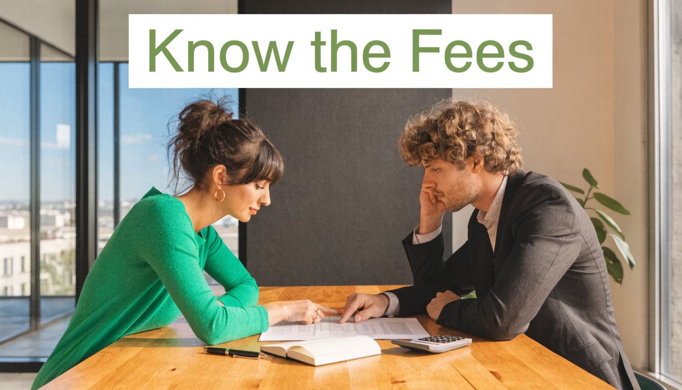 A professional woman and a man reviewing business documents together at a wooden office desk.