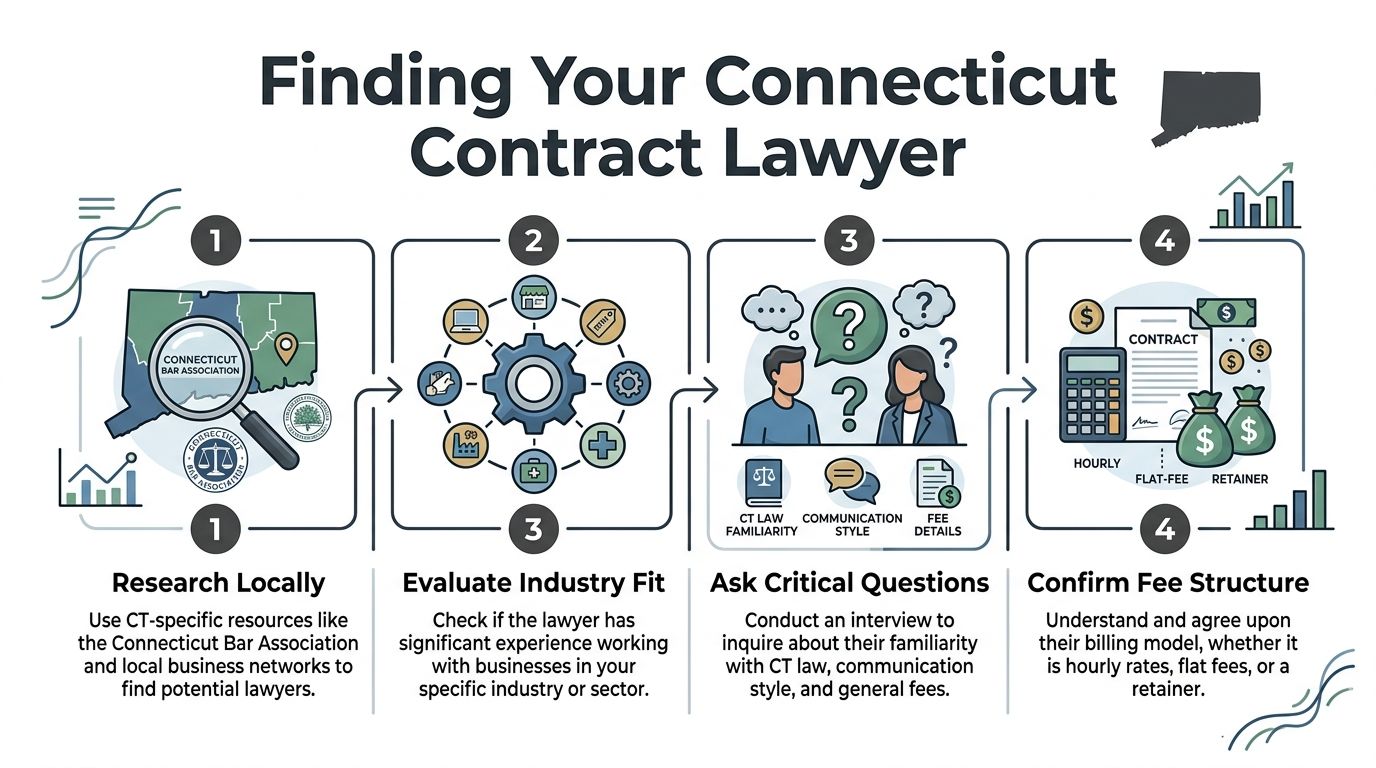 A four-step infographic illustrating how to find and hire a suitable contract lawyer in Connecticut.