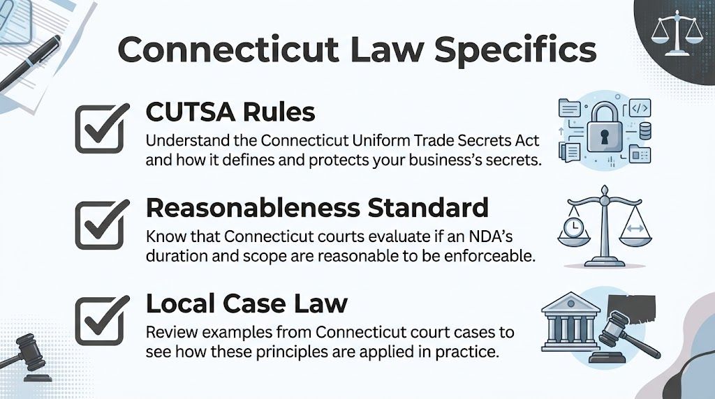 An infographic titled Connecticut Law Specifics explaining CUTSA rules, the reasonableness standard, and local case law.
