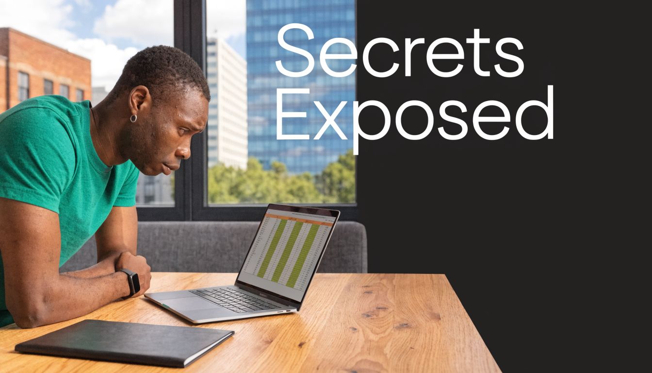 A man in a green t-shirt looks intently at a laptop screen displaying a spreadsheet.