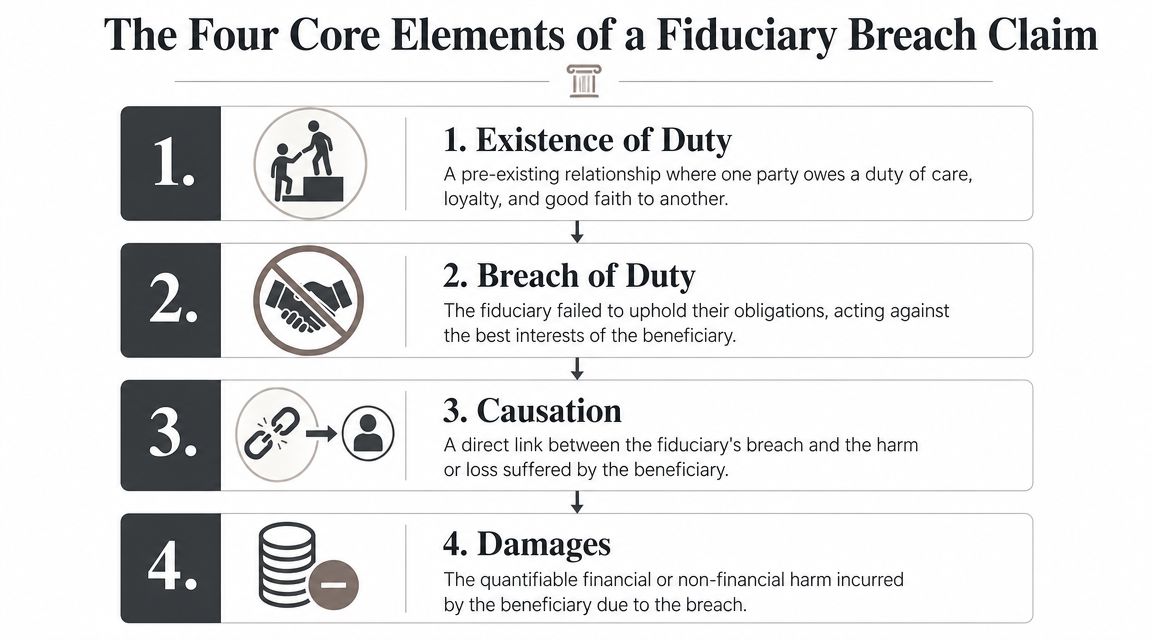 A diagram outlining the four core legal elements required to prove a fiduciary breach claim.