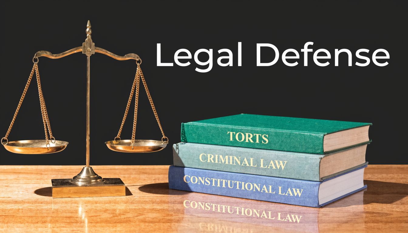 A set of law books titled Torts, Criminal Law, and Constitutional Law sitting next to golden justice scales.