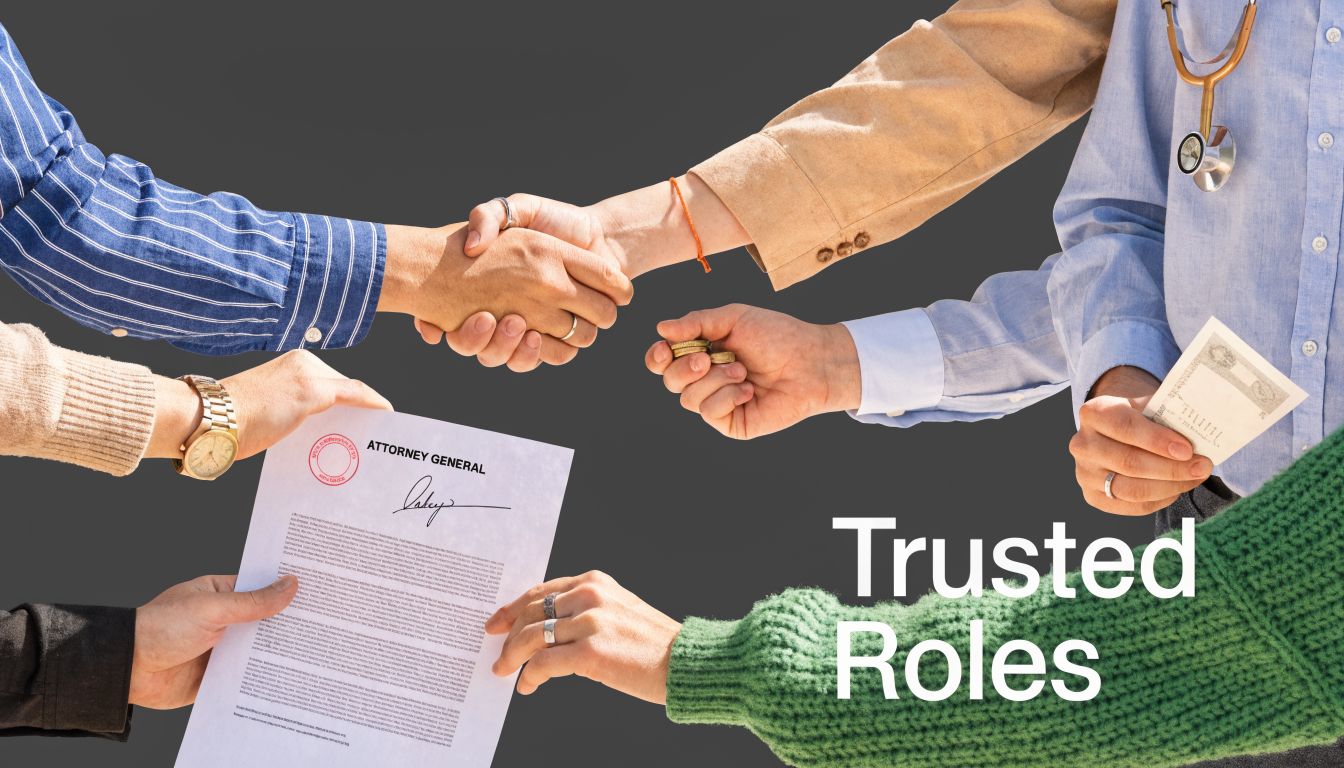 Multiple hands representing diverse professionals exchanging legal documents, coins, and handshakes against a gray background.