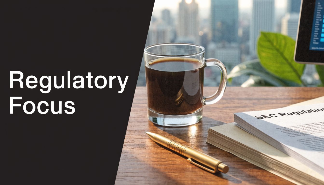 A cup of coffee and a pen resting on a desk next to SEC regulation paperwork.