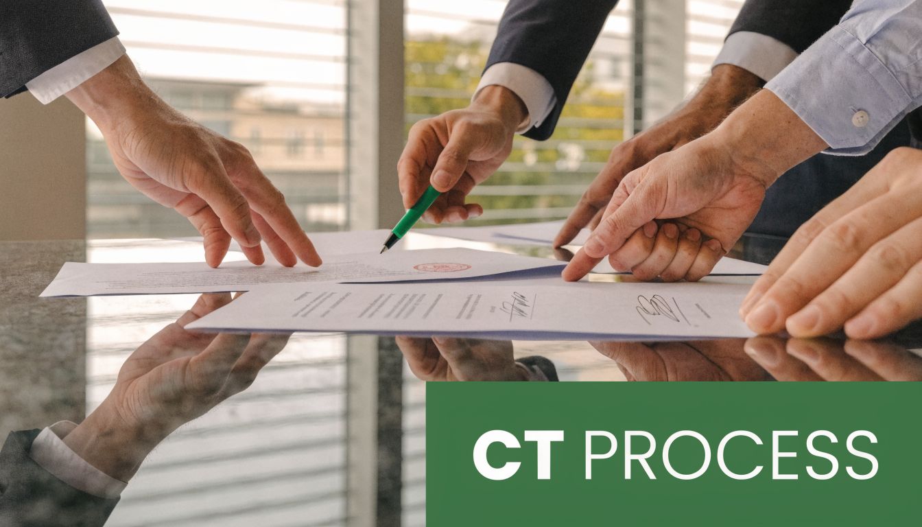 Multiple business professionals pointing at and signing a formal corporate resolution document on a desk.