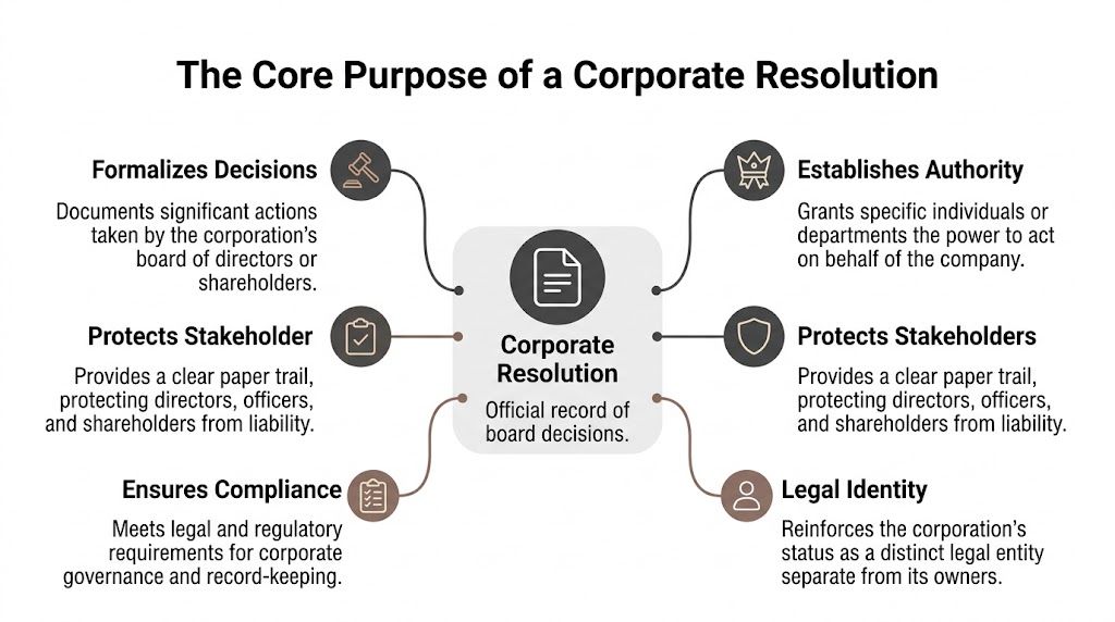 A diagram explaining the core purposes of a corporate resolution, highlighting legal protection, authority, and compliance.