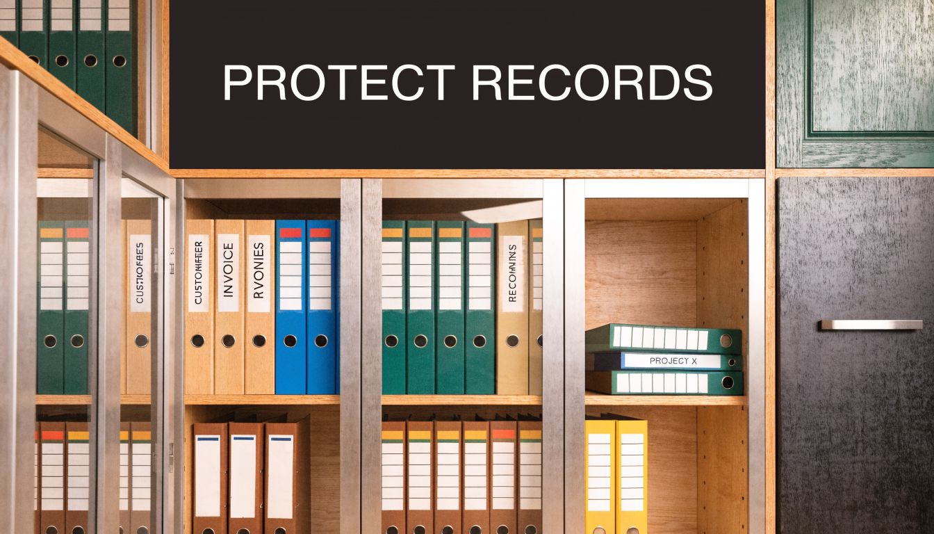 An office cabinet filled with organized binders for corporate record keeping and document protection.
