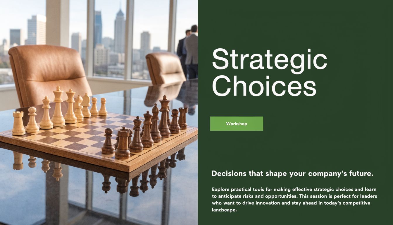 A chess board on a boardroom table overlooking a city skyline, symbolizing strategic business decision making.
