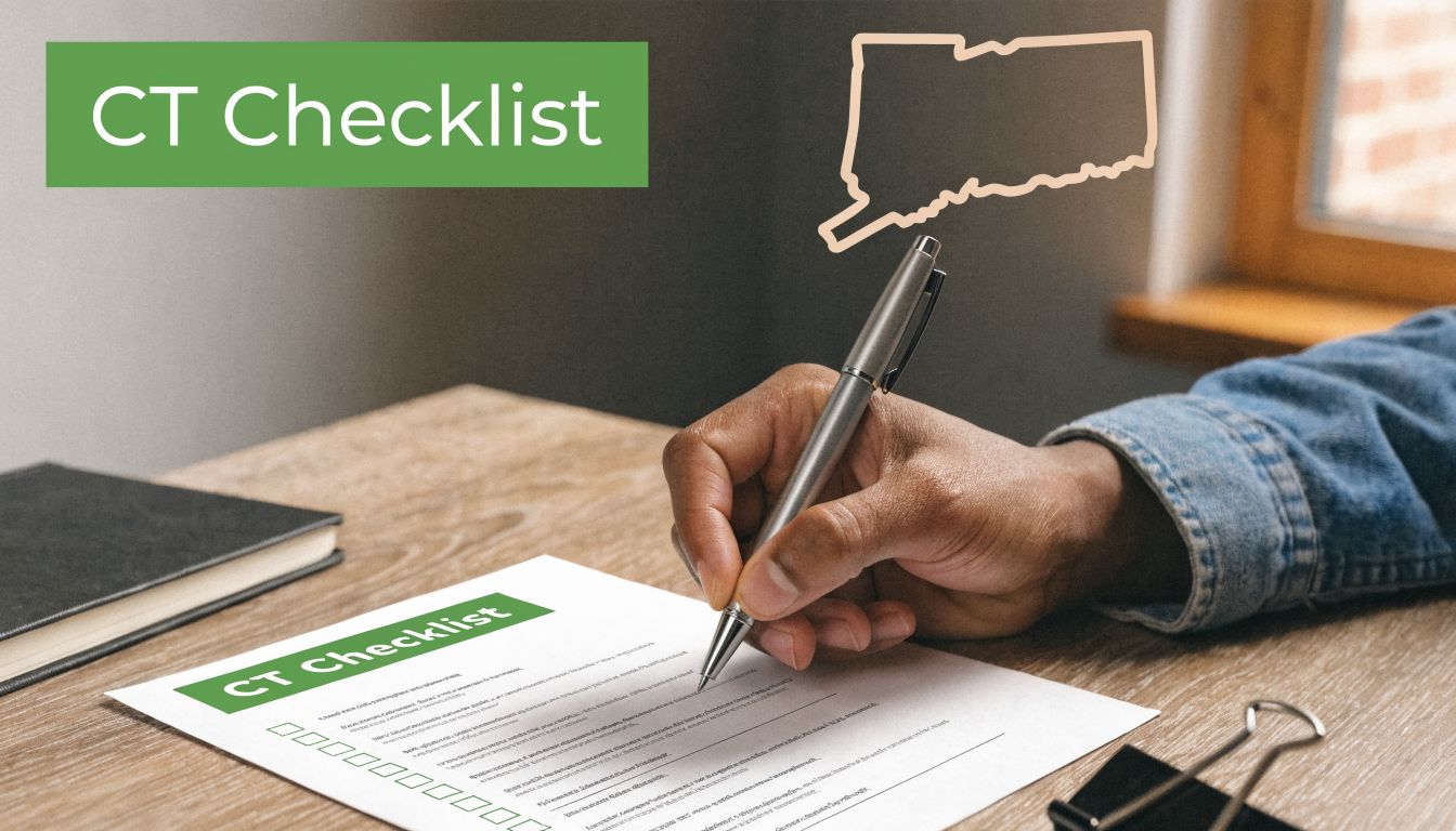 A close-up view of a person hand filling out a Connecticut checklist form on a desk.