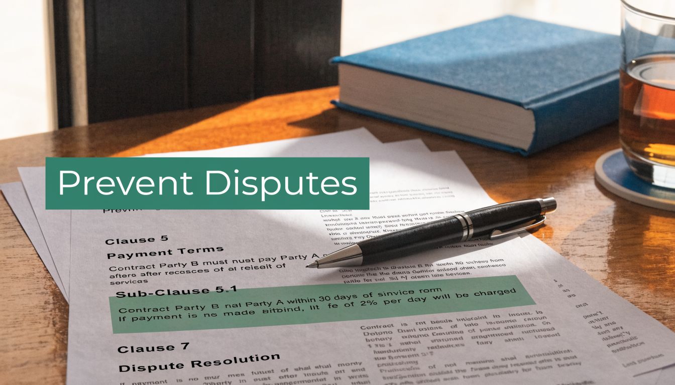 A close-up of a contract on a wooden table with a pen, highlighting legal clauses and payment terms.