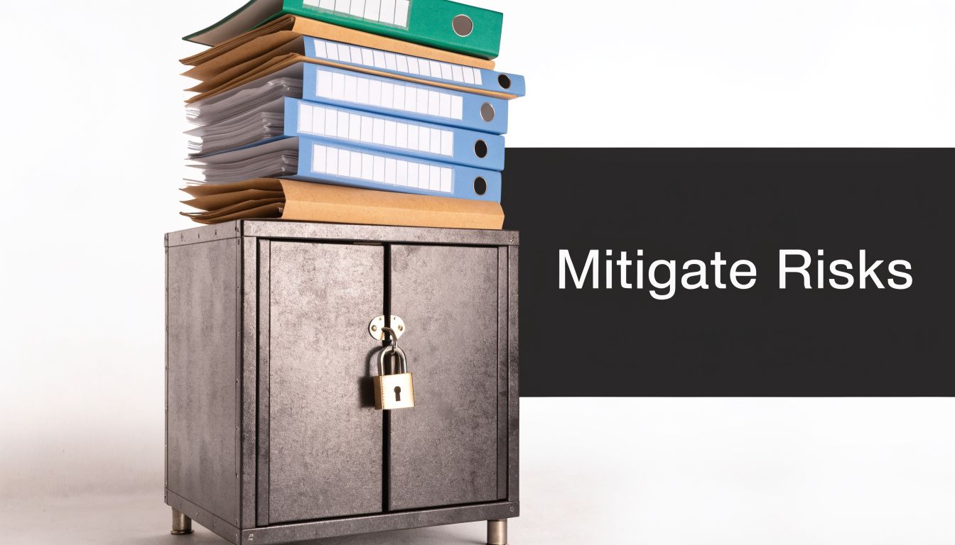 A stack of office document binders sits atop a locked metal cabinet, symbolizing secure document storage.