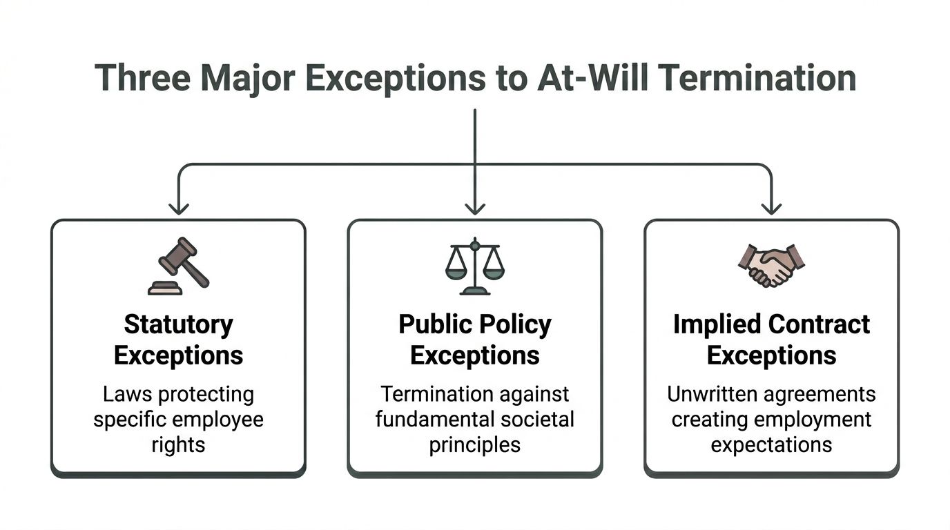 A diagram illustrating the three major legal exceptions to at-will employment termination: statutory, public policy, and implied contracts.