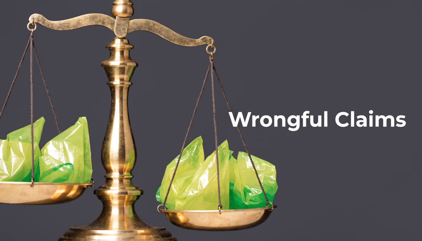 A brass scale balancing piles of green plastic bags against the text Wrongful Claims.