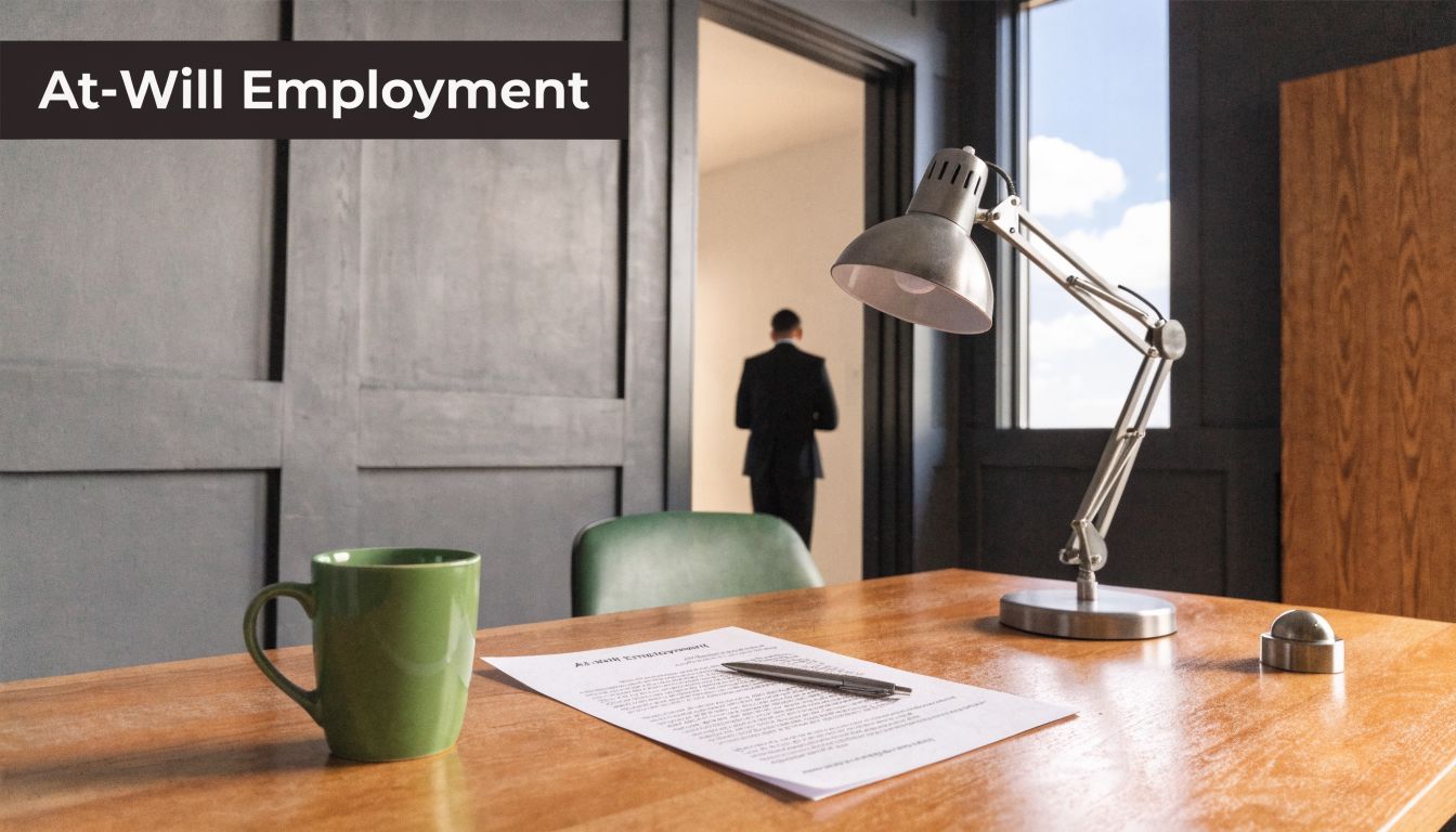 A professional office desk with a document and pen, while a businessman walks away in the background.