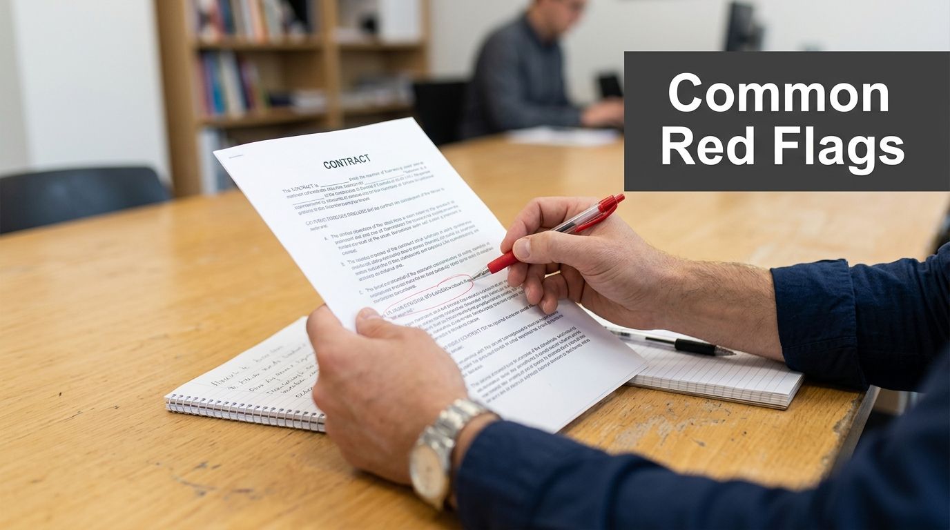 A person reviewing a business contract with a red pen to identify potential legal red flags.