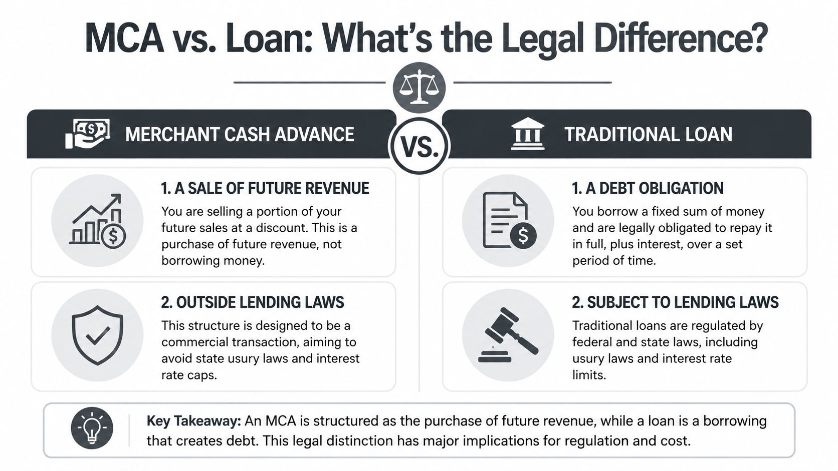 A comparison infographic highlighting the legal differences between a merchant cash advance and a traditional business loan.