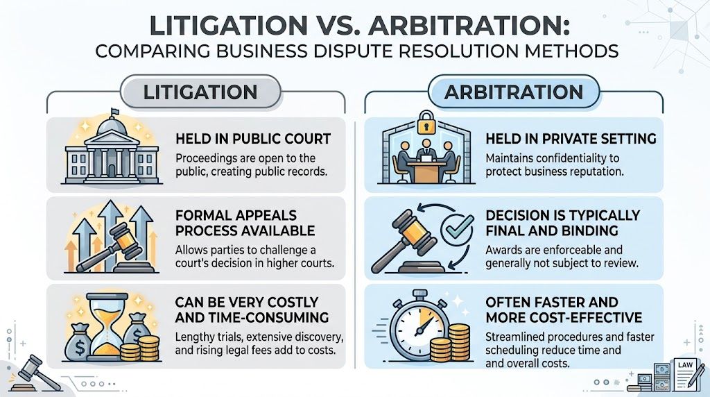 A comparison infographic showing key differences between litigation and arbitration for business dispute resolution methods.
