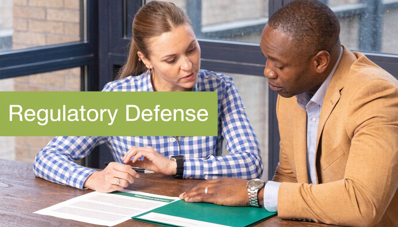 A professional woman and man reviewing regulatory defense documents at a wooden desk in an office.