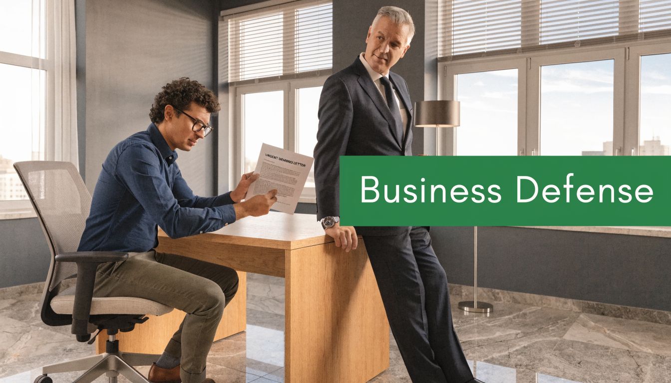 A businessman reviews a document while his supervisor looks on in a professional modern office setting.