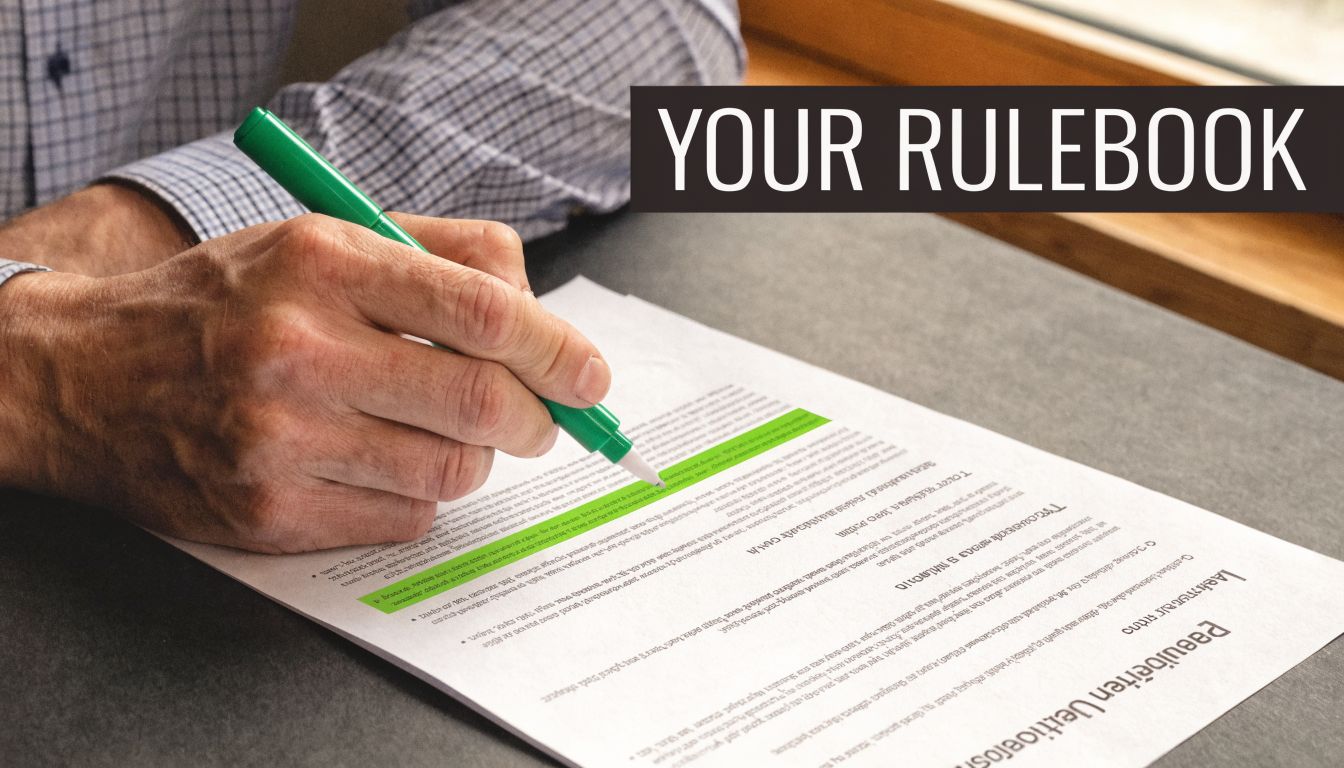 A professional hand holding a green marker highlighting text on a legal business document.