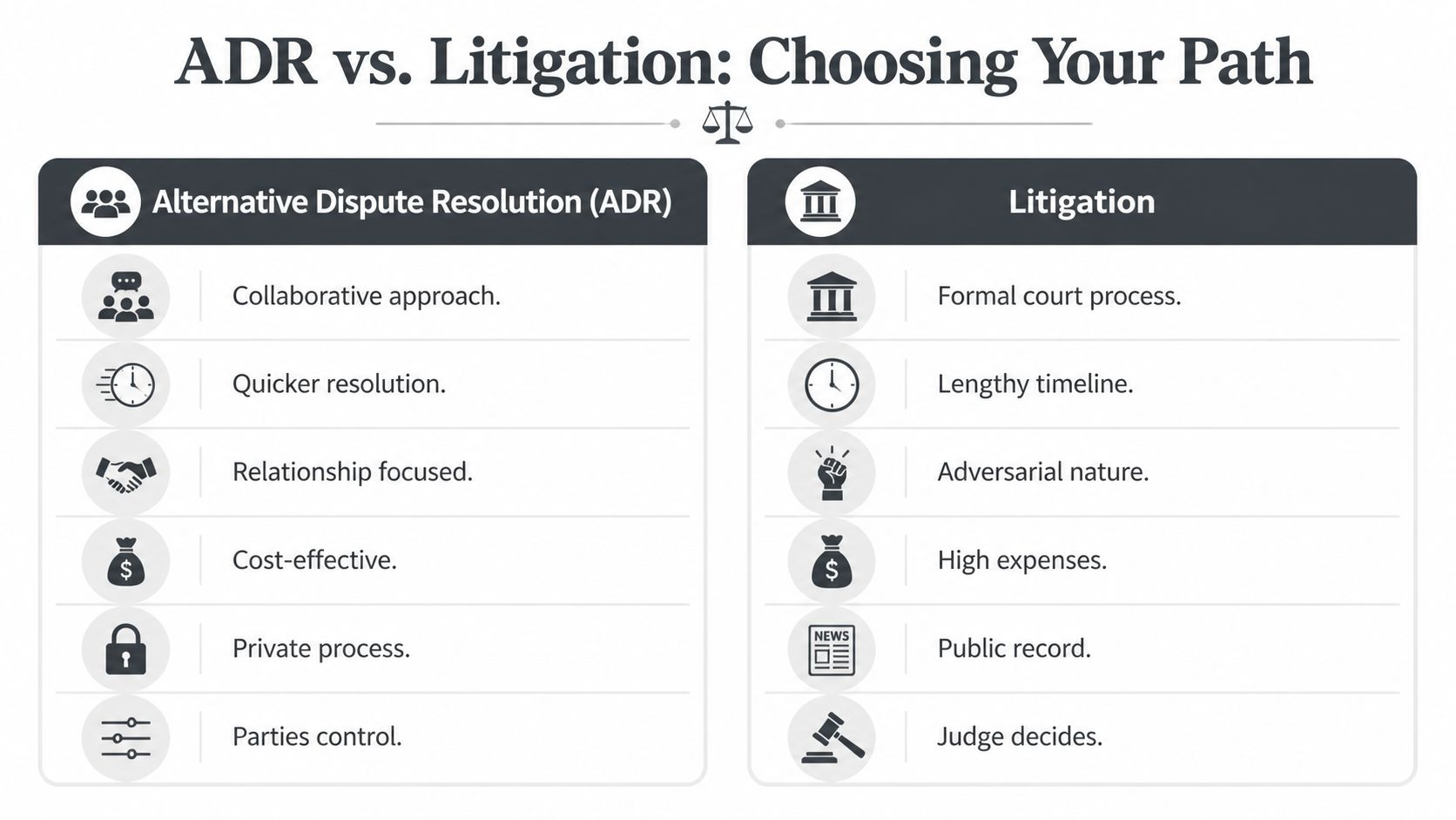A comparison chart outlining the key differences between alternative dispute resolution and traditional litigation methods.