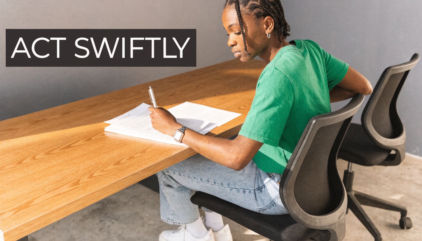 A young professional writing on documents at a wooden desk in a modern office space.