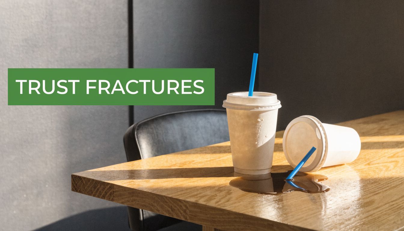 Two disposable coffee cups on a wooden table, one upright and one tipped over with spilled coffee.
