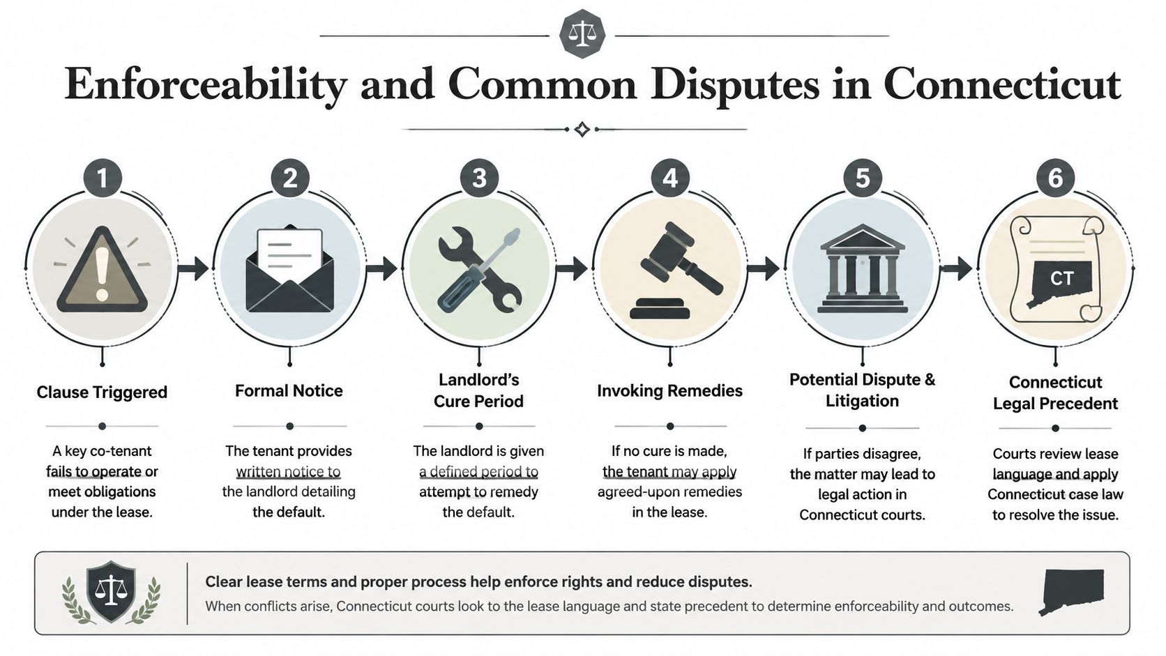 A diagram illustrating the six-step legal process for resolving co-tenancy agreement disputes in Connecticut courts.