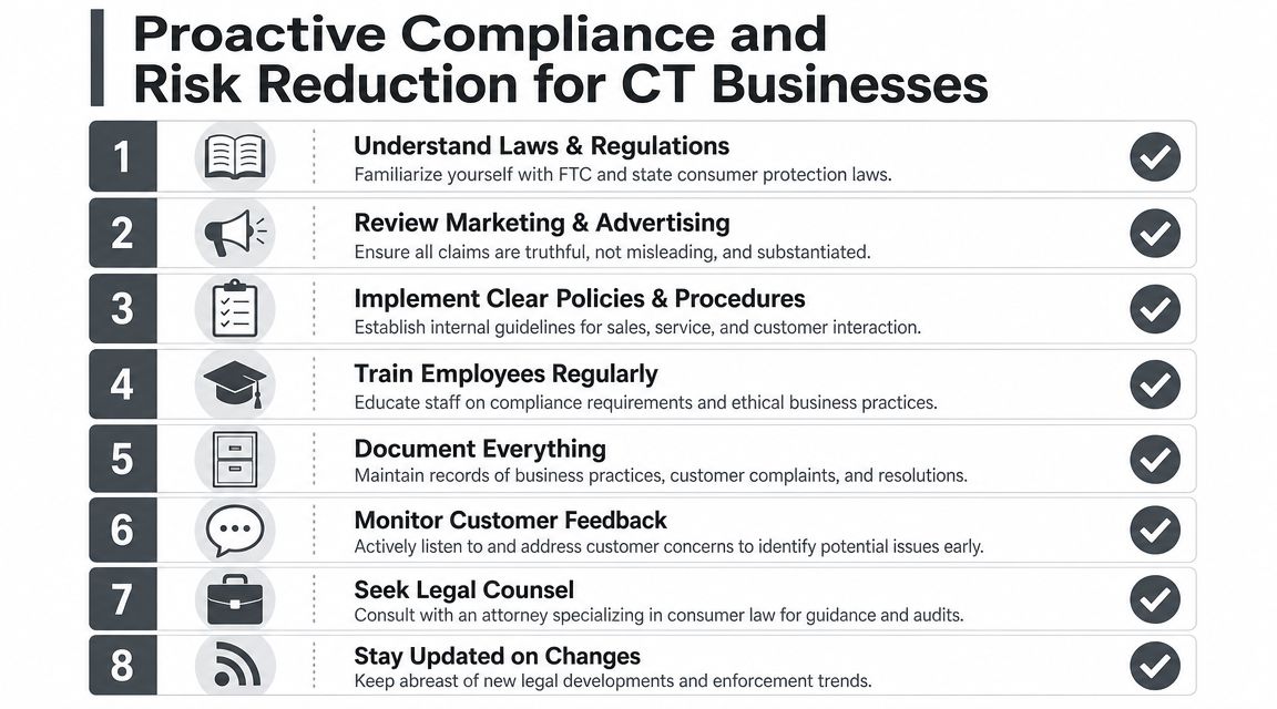 An infographic list outlining eight proactive compliance and risk reduction strategies for Connecticut business owners.