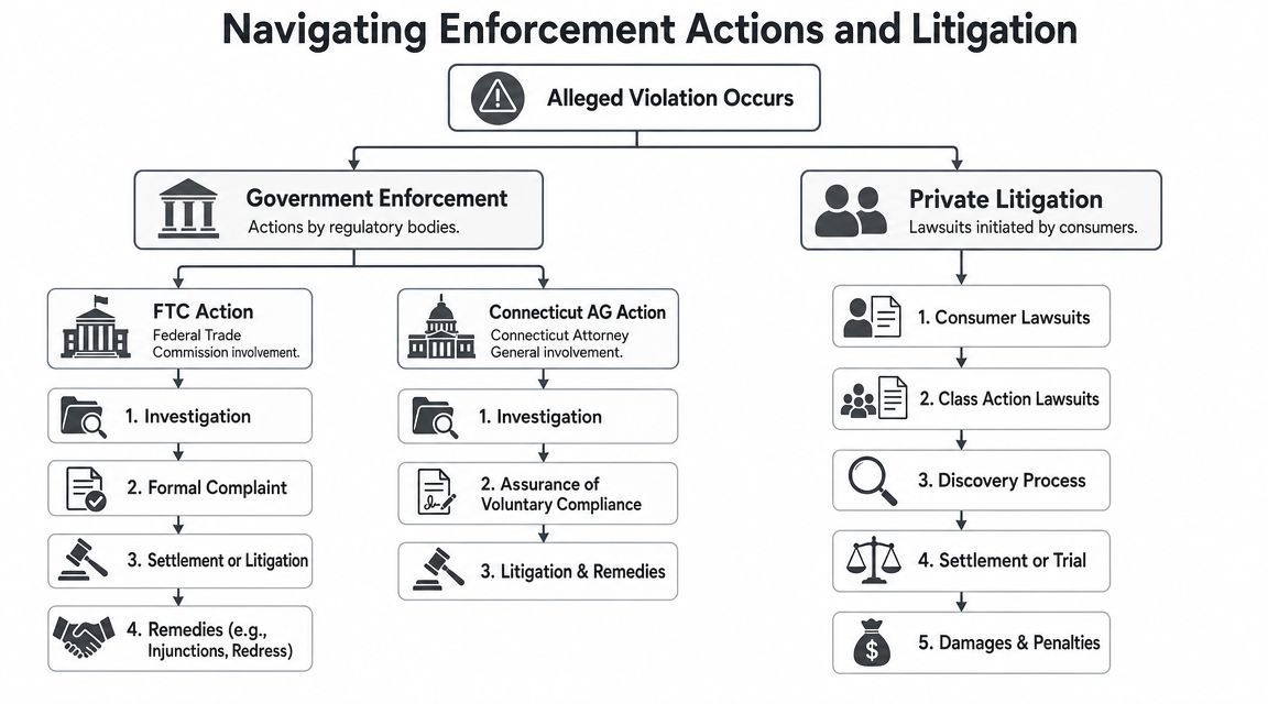 A flow chart illustrating the legal process for navigating enforcement actions and private litigation after a violation.