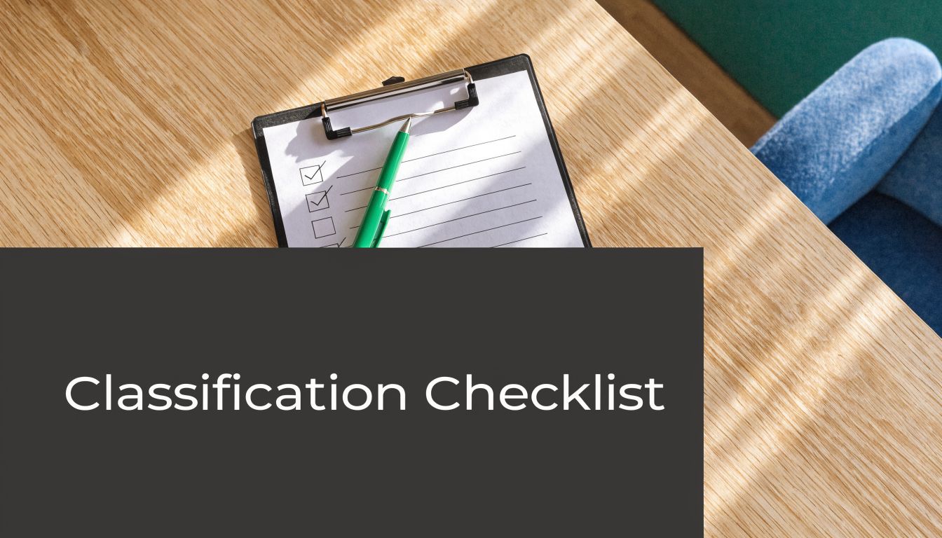 A clipboard with a checklist and a green pen placed on a wooden office desk surface.