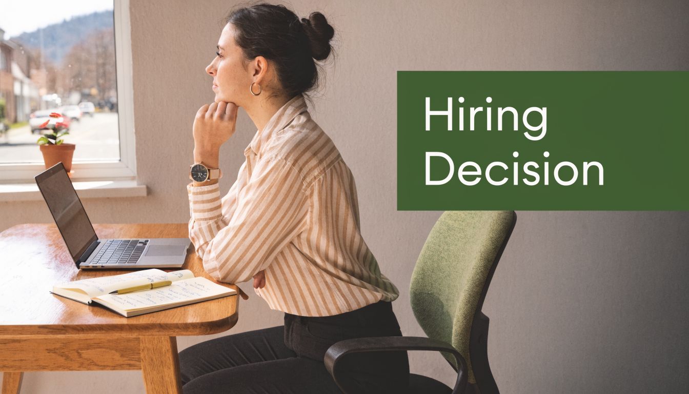 A professional woman sitting at a desk looking out a window while contemplating a hiring decision.