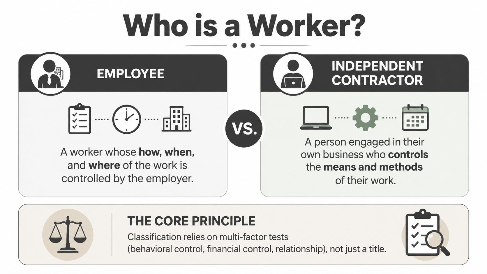 An infographic comparing the definitions of an employee and an independent contractor based on work control.