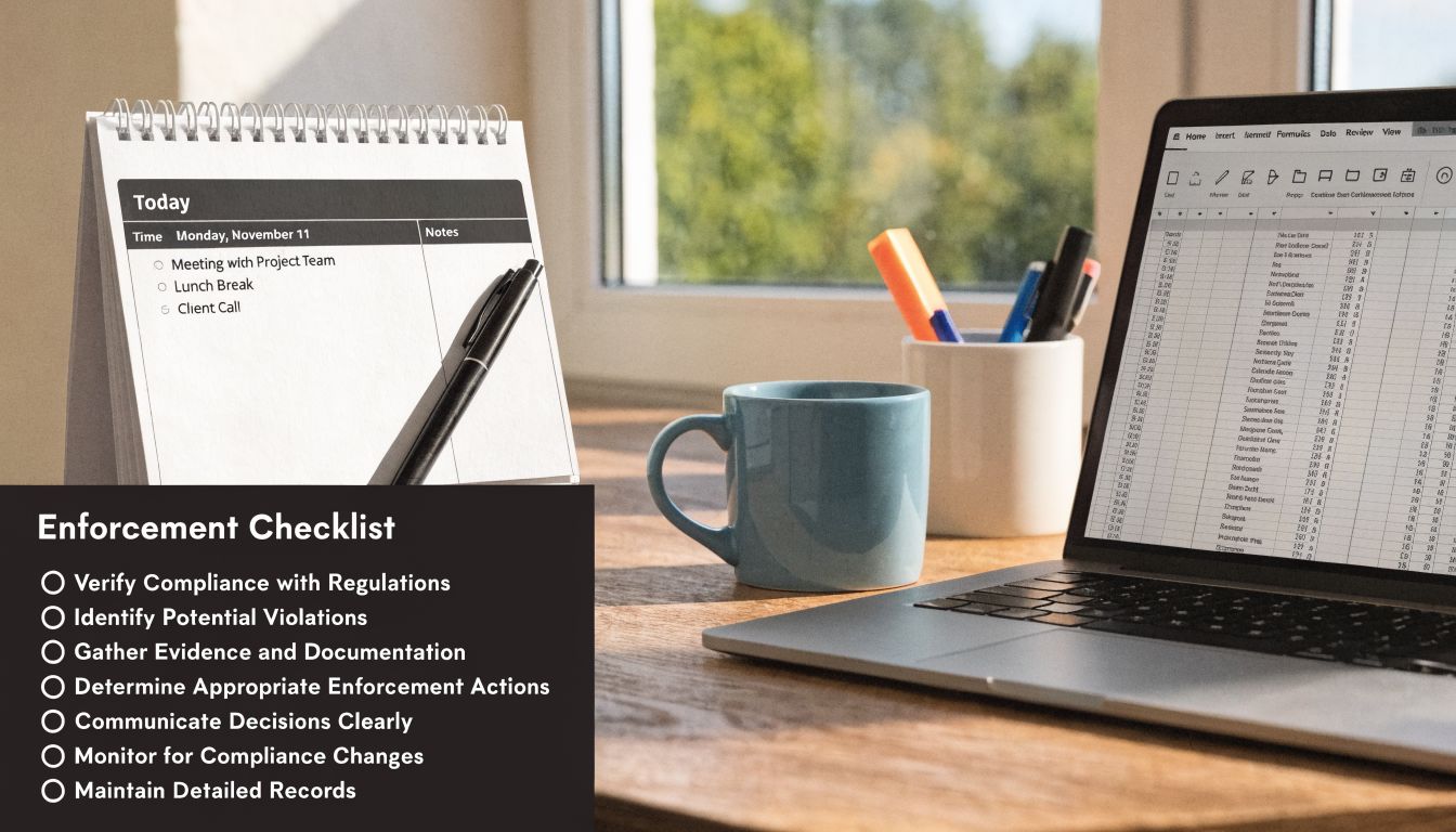 A professional workspace featuring a calendar, laptop with spreadsheet, and an enforcement checklist on a desk.