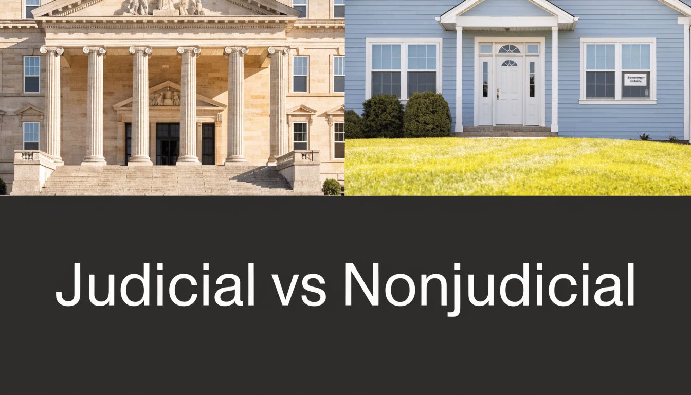 A split image contrasting a formal courthouse and a residential house, representing judicial and nonjudicial legal processes.