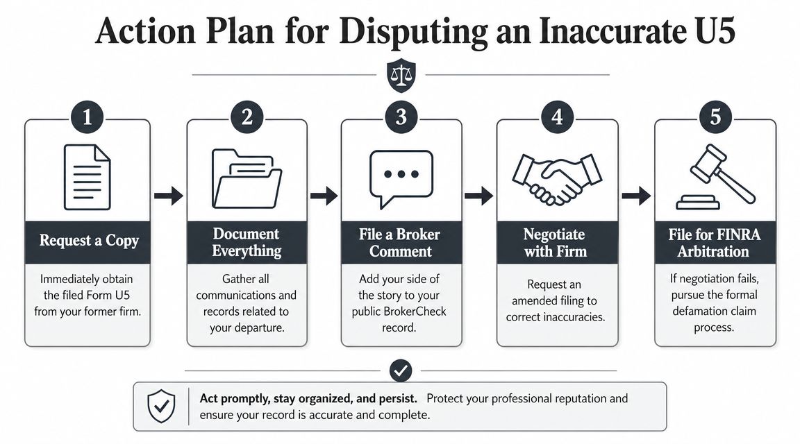 An infographic showing a five-step action plan for disputing an inaccurate FINRA Form U5 report.