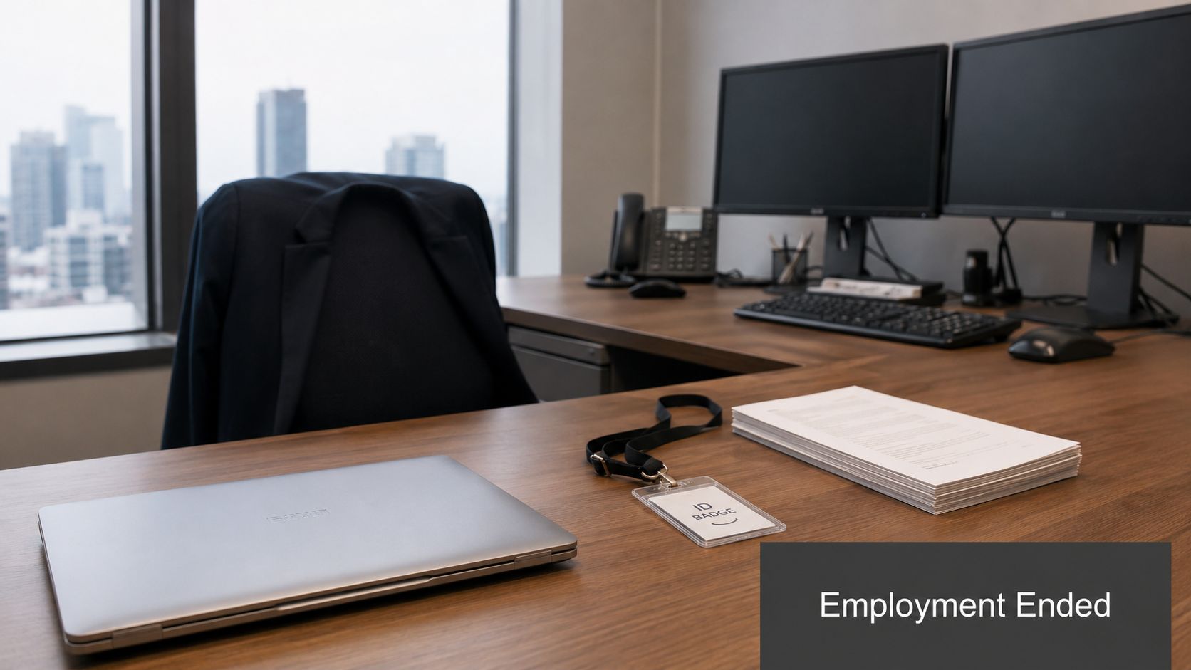 A professional office desk with a laptop, ID badge, and documents, representing employment termination.