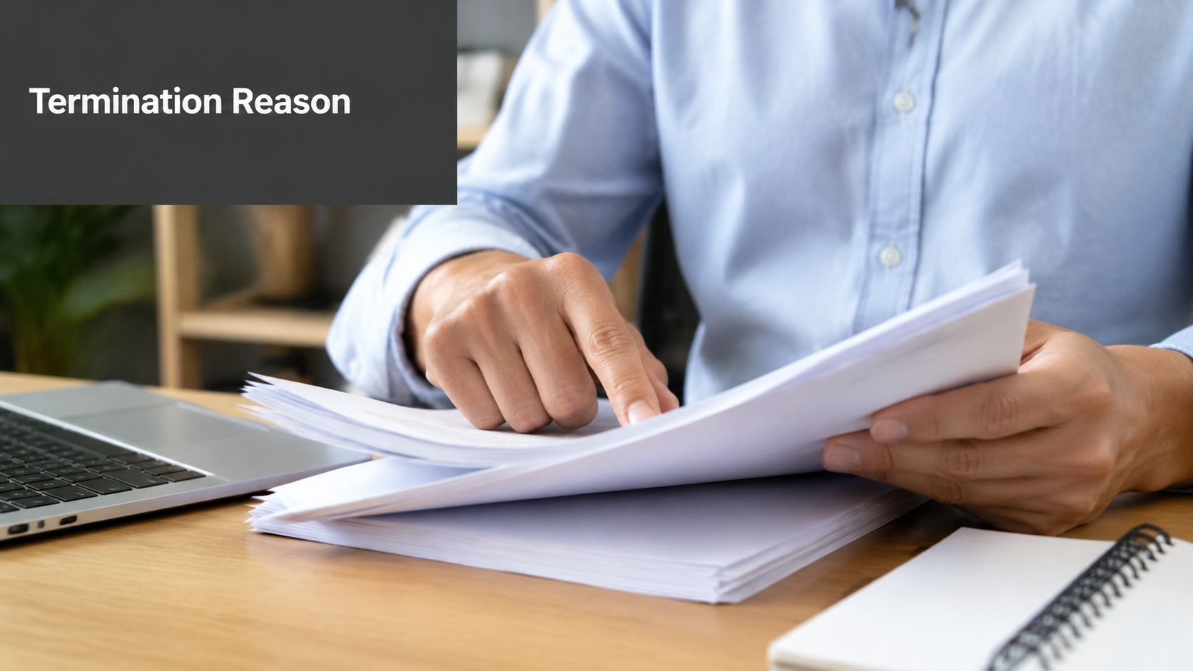 A professional man reviewing formal documents at a wooden desk, emphasizing the process of contract termination.