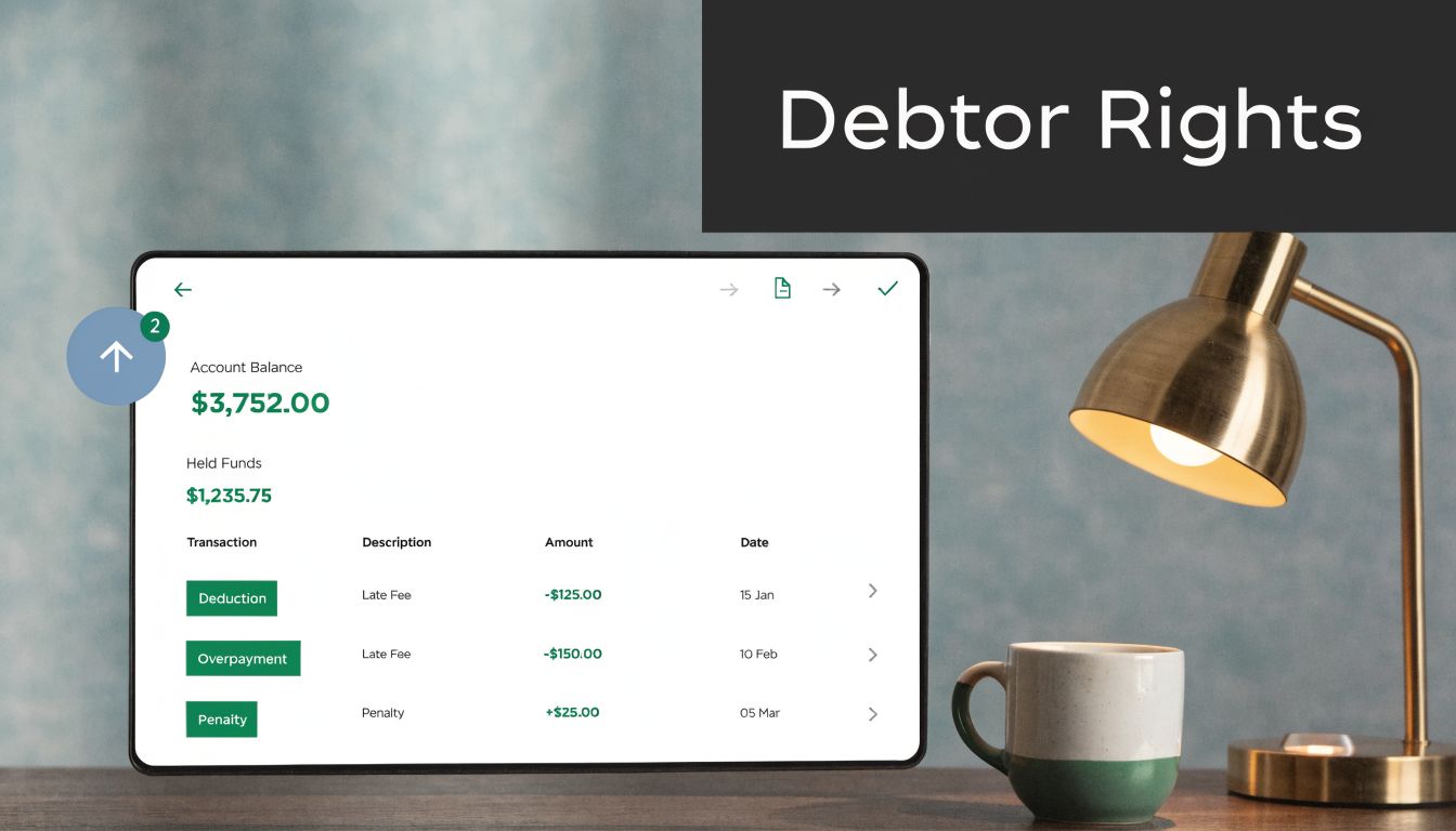 A digital screen showing a debtor account balance, held funds, and a list of recent financial transactions.