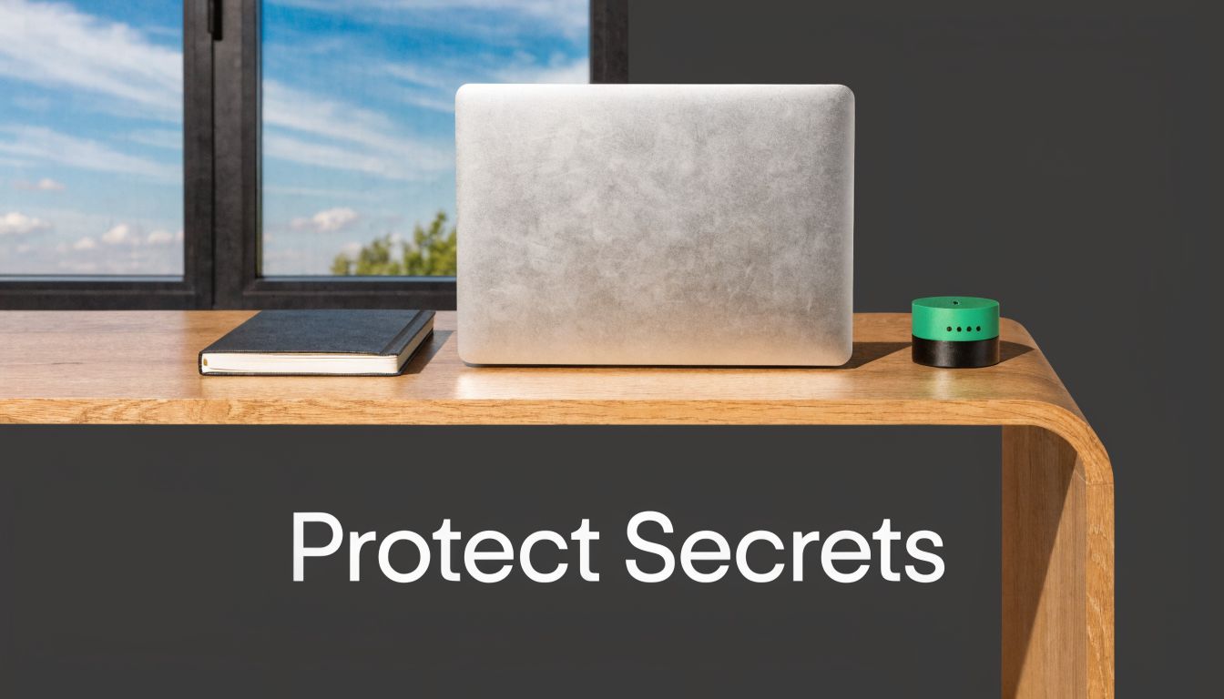 A silver laptop, a black journal, and a green smart device on a wooden office desk.