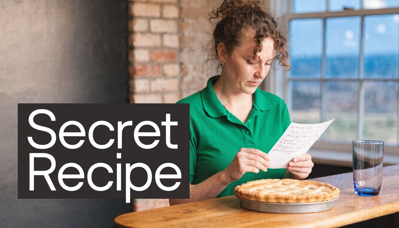 A woman in a green shirt studies a handwritten recipe paper while a baked pie sits nearby.