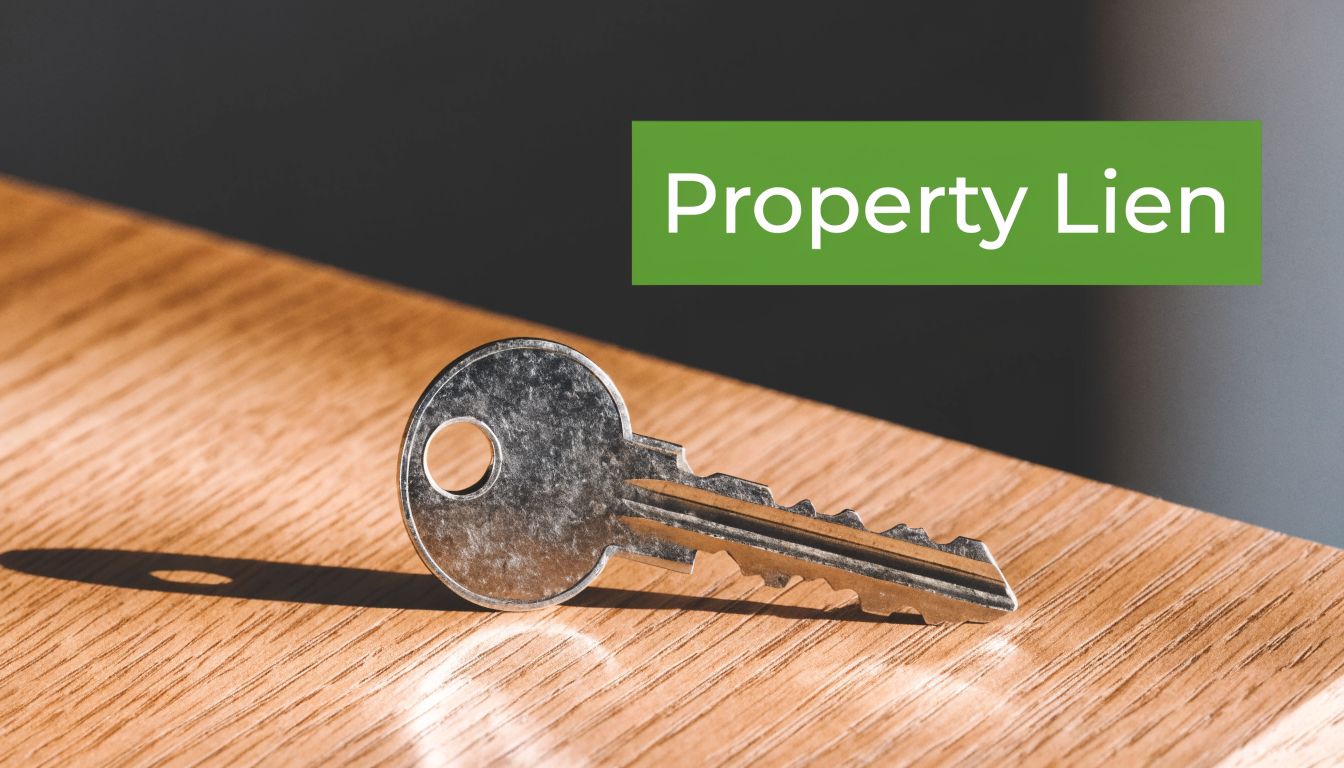 A silver house key laying on a light wooden table representing a property lien real estate concept.