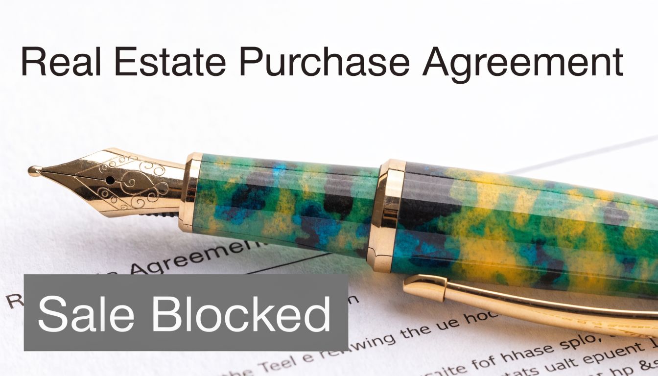 A fountain pen resting on a Real Estate Purchase Agreement document with a Sale Blocked overlay.